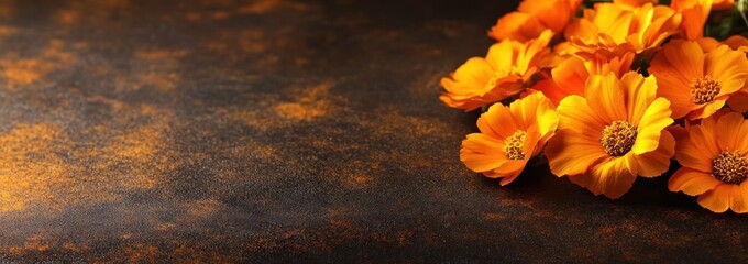 Wall Mural - A vibrant arrangement of orange flowers on a textured dark background.