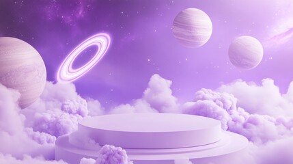 Wall Mural - a surreal cosmic scene featuring planets and clouds in a purple atmosphere.