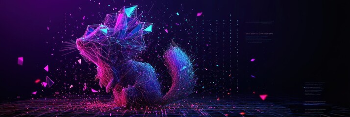 Poster - A digital representation of a cat made with colorful geometric shapes and particles.