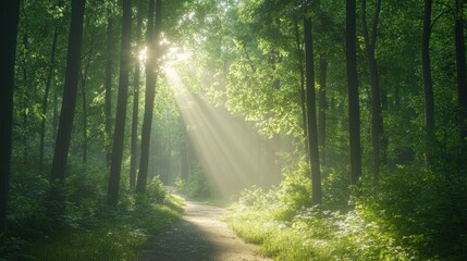 Sticker - A serene forest path illuminated by sunlight filtering through the trees.