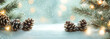 © Roxana - Background with pine cones and snow, Christmas lights in the background, pastel light green banner