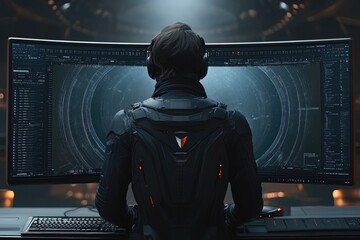 Poster - Futuristic Gamer in Black Suit Using a Curved Screen Computer