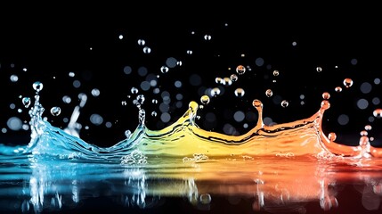 Poster - vibrant gradient-colored splashing droplets on reflective water surface - dynamic studio shot captur
