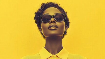 Wall Mural - Bold and Vibrant Minimalistic Graphic Design Poster Featuring Funky Lady in Polo Shirt and Sunglasses on Yellow Background