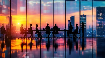 Poster - Business Team Meeting in a Modern Office at Sunset. Blurred silhouette of a business team having a meeting in a modern office with city skyline
