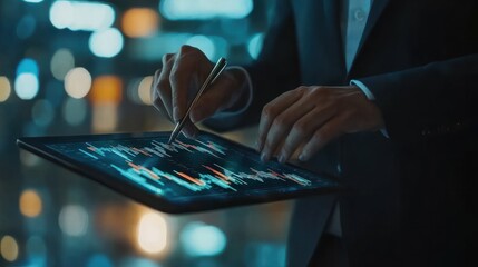 Poster - Businessman Analyzing Digital Financial Charts on Tablet with Graphical Data Overlay for Market In