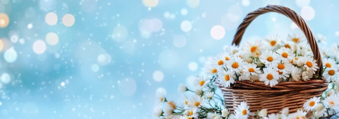 Wall Mural - A wicker basket filled with daisies against a soft, blurred background.