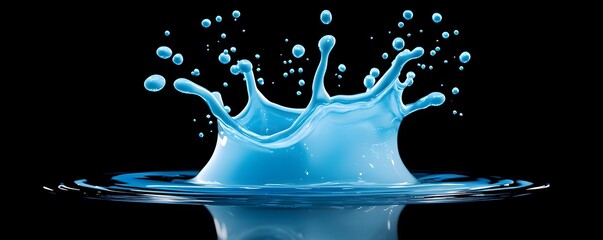 Poster - dynamic deep blue droplets splashing on reflective surface - captivating liquid with vibrant contras