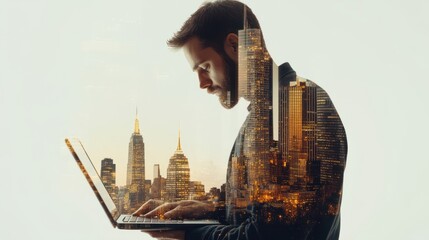 Poster - Businessman Using Laptop with business city Double Exposure on white background.