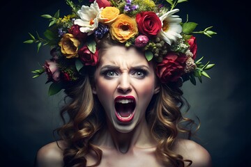 Wall Mural - Screaming Woman with Floral Crown A Powerful Portrait