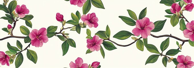 Wall Mural - A decorative pattern featuring pink flowers and green leaves on a light background.