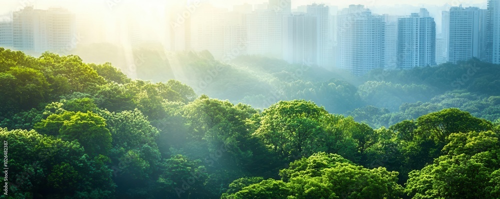 Urban sprawl merging with green spaces, modern buildings encroaching on ...