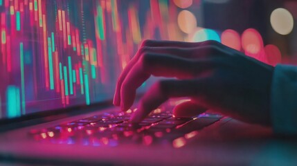 Poster - Close up of hands using laptop keyboard with abstract glowing business chart hologram on blurry background. Stock, technology and financial growth concept. Double exposure.