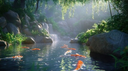 Sticker - A serene pond with koi fish, surrounded by lush greenery and a gentle waterfall.