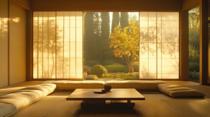 Sticker - A serene room with tatami mats and a view of a tranquil garden in soft, warm light.