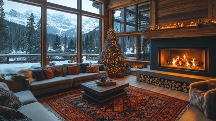 Poster - A cozy living room with a fireplace and a Christmas tree