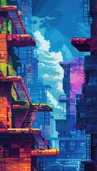 Wall Mural - retro arcade game pixelated background: bright platforms and ladders for gaming events
