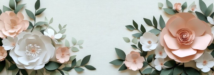 Wall Mural - A decorative arrangement of paper flowers in soft pastel colors on a textured background.