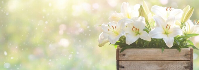 Wall Mural - A wooden planter filled with white lilies against a soft, blurred background.