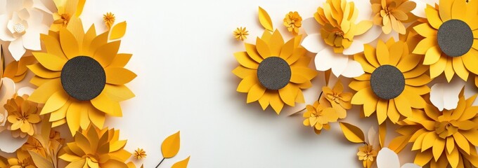 Wall Mural - A vibrant arrangement of paper sunflowers and flowers against a light background.