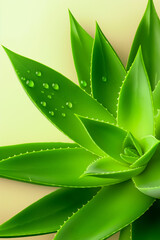 Poster - Lush aloe vera leaves glisten with dew droplets, presenting a refreshing touch of natures greenery. The soft background enhances the plants vivid hues and textures