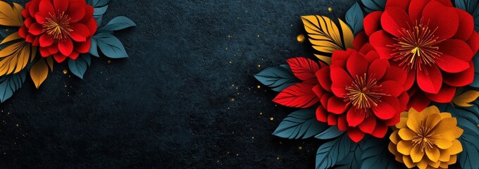 Sticker - A vibrant floral design featuring red and yellow flowers against a dark background.