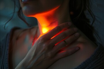 Woman is touching her neck with an orange glowing spot on it, indicating some kind of pain, tension muscle stiffness or strain from intense activity. Health care or pain relief