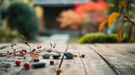 Poster - A serene outdoor setting featuring stones and branches on a wooden surface.