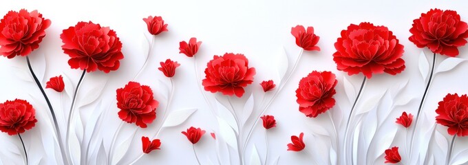 Wall Mural - A vibrant display of red paper flowers against a white background.