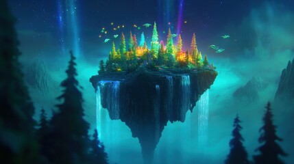 Canvas Print - A magical floating island with vibrant trees, waterfalls, and glowing lights in a mystical setting.