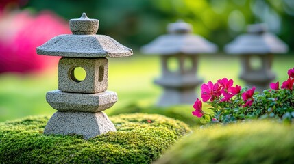 Poster - A serene garden scene featuring stone lanterns and vibrant flowers amidst lush greenery.