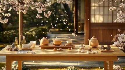 Wall Mural - A serene outdoor tea setting surrounded by cherry blossoms, inviting relaxation and connection.