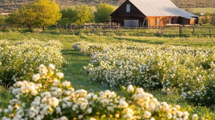 Canvas Print - A serene landscape featuring a barn surrounded by blooming flowers in a lush field.