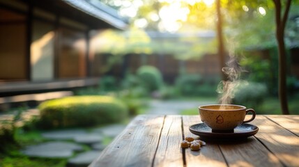 Poster - A steaming cup of tea sits on a wooden table in a serene garden setting.