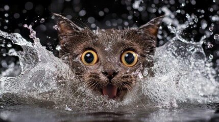 Poster - Cat Splashing in Water with Surprised Expression