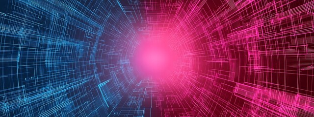 Poster - Abstract blue and pink neon light tunnel with glowing light at the end.