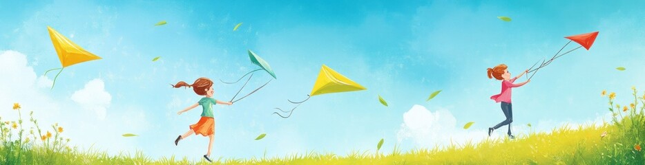 Poster - Two children joyfully flying kites in a sunny, open field with flowers.