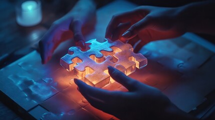 Poster - Hands holding a glowing 3D puzzle piece, fitting it into a larger creative business puzzle, solution finding, creative problemsolving in business