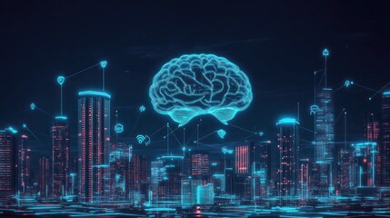 Sticker - A futuristic cityscape with a glowing brain symbolizing AI and connectivity.