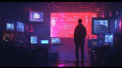 Poster - A lone hacker stands in a dimly lit room surrounded by monitors displaying code and data, illuminated by the glow of a large screen.