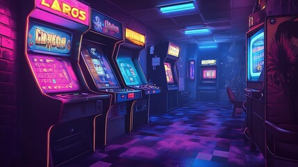 Poster - A dimly lit arcade with rows of retro video game cabinets, showcasing vibrant neon lights.