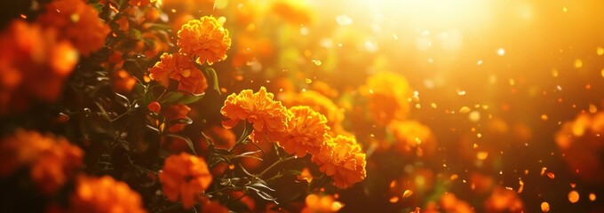 Canvas Print - A vibrant field of orange flowers illuminated by warm sunlight, creating a serene atmosphere.