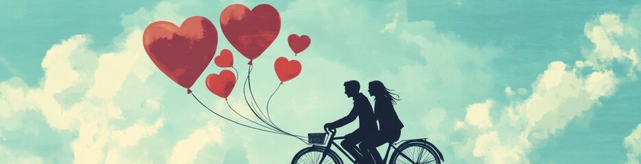 Sticker - A couple rides a bicycle together with heart-shaped balloons against a dreamy sky.