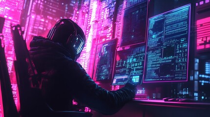 Poster - A hooded figure sits in front of multiple computer monitors displaying code, surrounded by a vibrant cityscape.