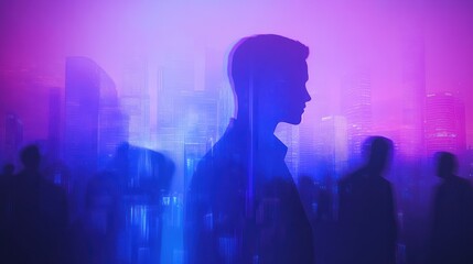 Poster - Minimalist Business Banner with Double Exposure, Blurred Business People and City Skylines. Blue and Purple Color theme. Ai generated