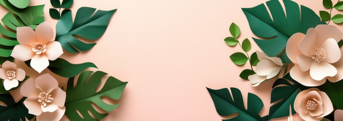 Poster - A decorative arrangement of paper flowers and leaves on a soft pink background.