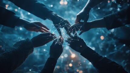 Poster - People connecting hands, symbolizing teamwork with a graphical network overlay of points and lines