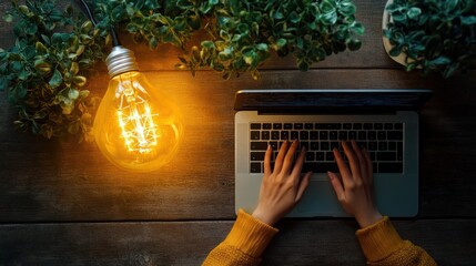 Poster - person using a laptop computer and a light bulb - flat lay