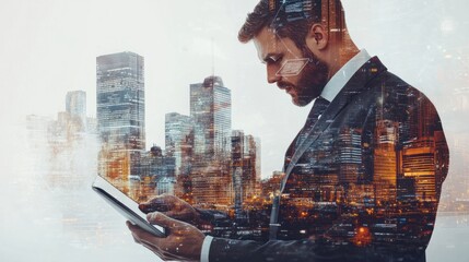 Wall Mural - Photo double exposure businessman working on digital tablet on white.