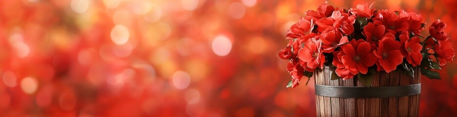 Poster - A wooden pot filled with vibrant red flowers against a blurred autumn background.